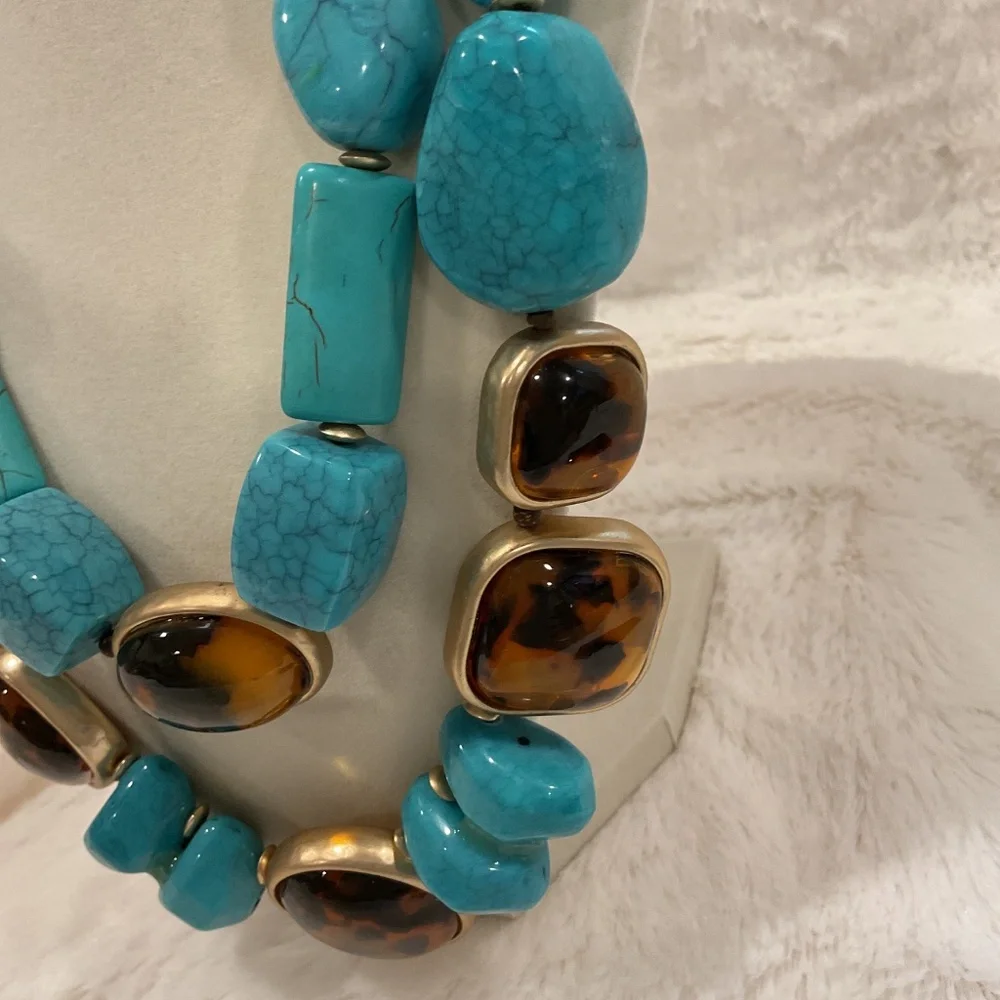 Chico’s Double Strand Turquoise, Brown and Gold Tone Necklace - Picture 2 of 5